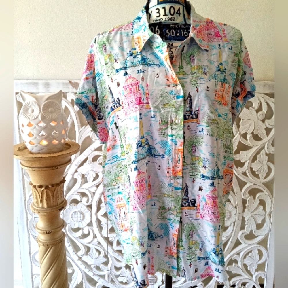 JANE + DELANCEY Women's SZ XL Bright Colors Victorian Print Lightweight Blouse